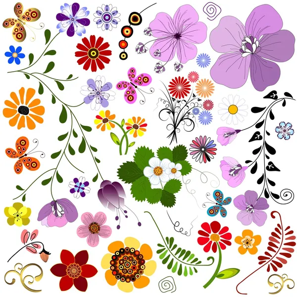大きなコレクションは花と蝶 — ストックベクタ