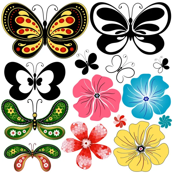 Nuevo conjunto de mariposas y flores — Vector de stock