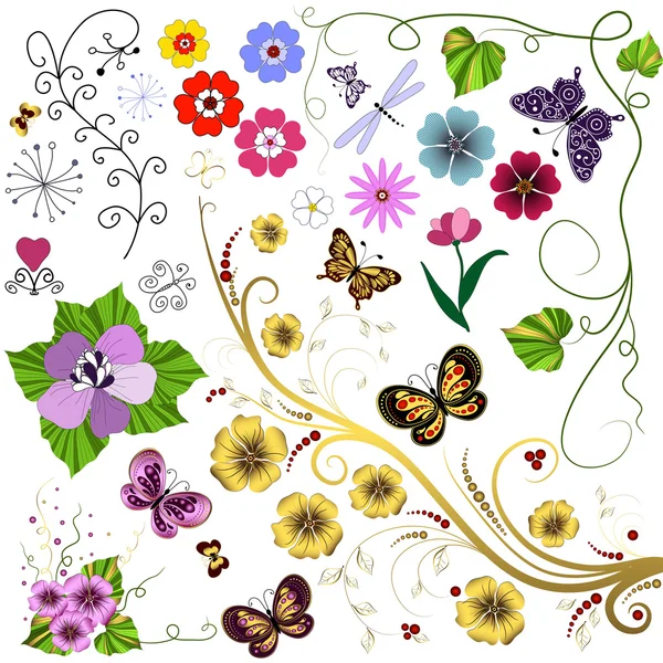 Big set flowers and butterflies — Stock Vector