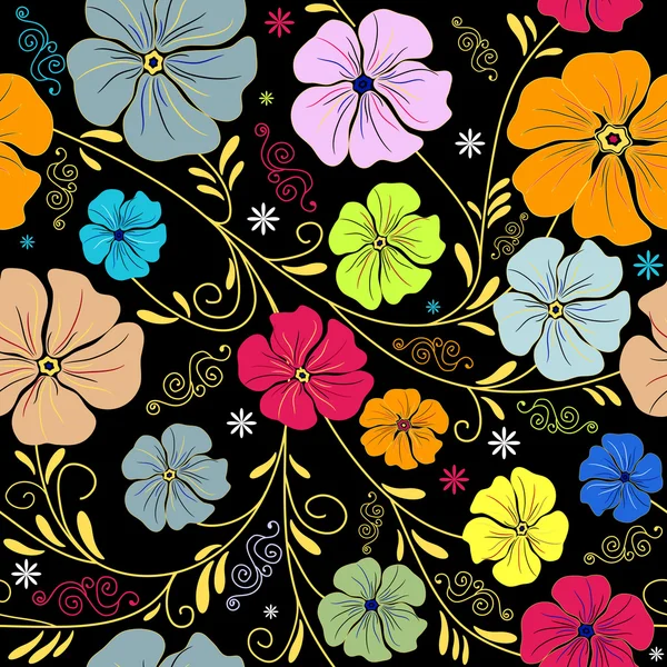 Patrón floral negro sin costuras — Vector de stock