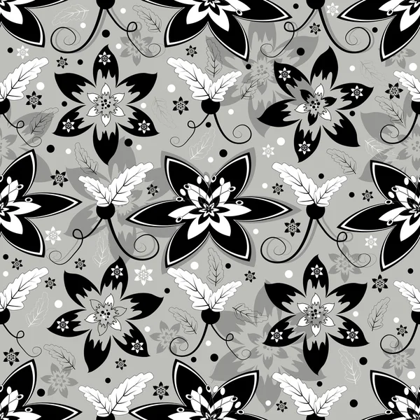 白、灰色と黒のシームレスな花柄 — ストックベクタ