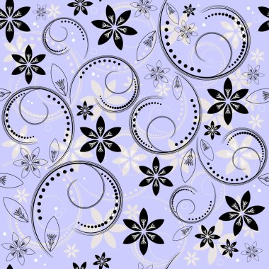 Seamless floral blue-black-white pattern clipart