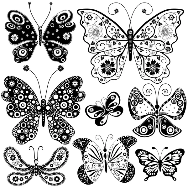 Collection black and white butterflies — Stock Vector