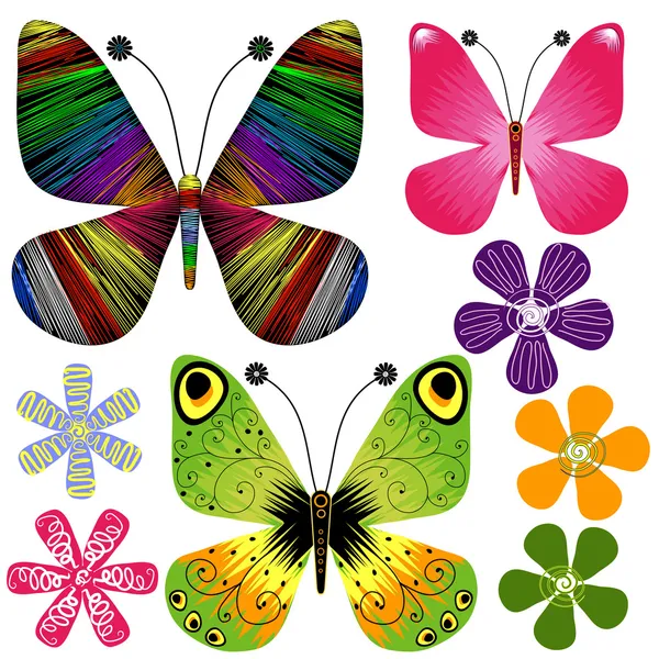 Setzen abstrakte Schmetterlinge und Blumen — Stockvektor