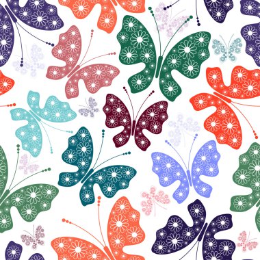 Seamless white floral pattern with butterflies clipart