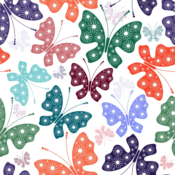 蝶とのシームレスな白い花模様 — ストックベクタ