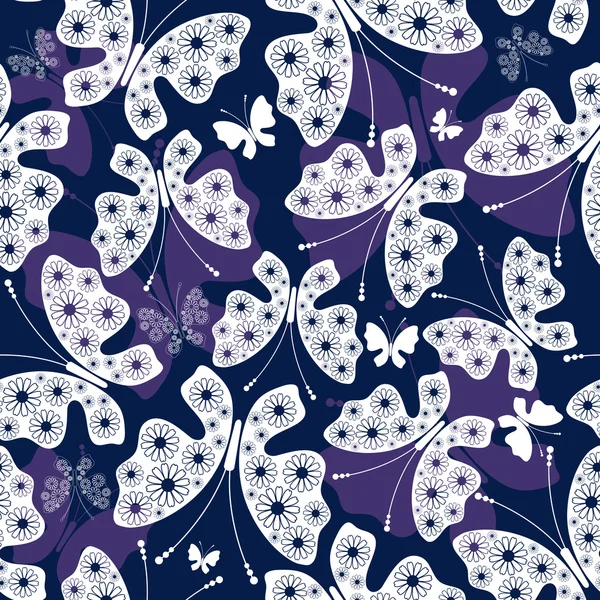 Sömlös violett-vit mönster med fjärilar — Stock vektor