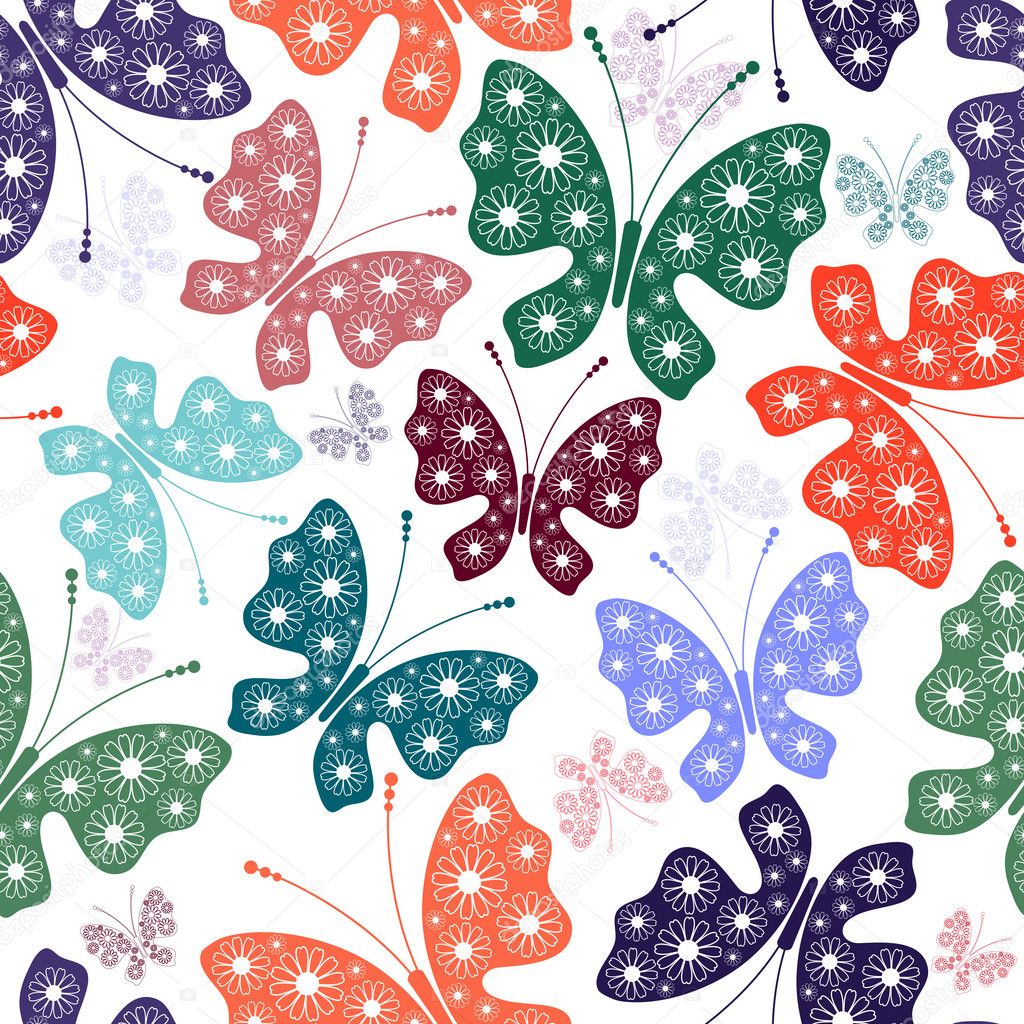Seamless white floral pattern with butterflies