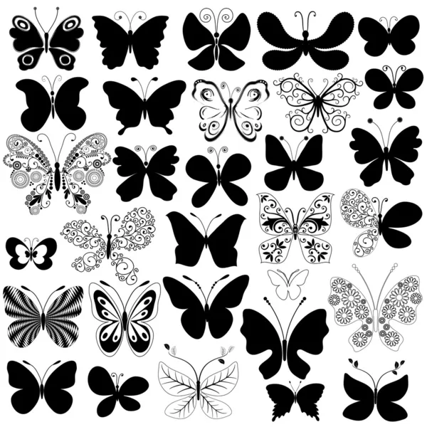 Big collection black butterflies — Stock Vector