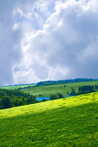 Colinas verdes sob os céus azuis de verão — Fotografia de Stock