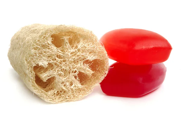 Sabão e esponja de loofah — Fotografia de Stock