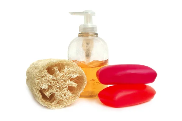 Soap and loofah sponge with body lotion — Stock Photo, Image