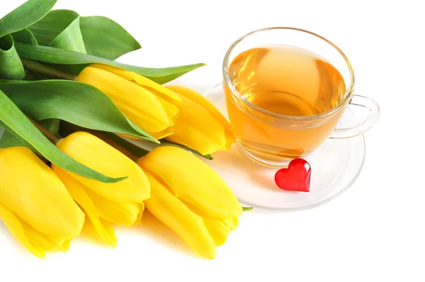 Tea, tulips and red heart — Stock Photo, Image