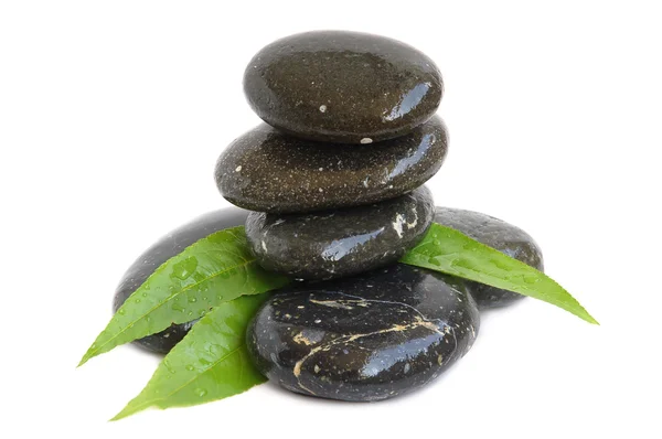 Kamienie lecznicze i liście zielone — Zdjęcie stockowe