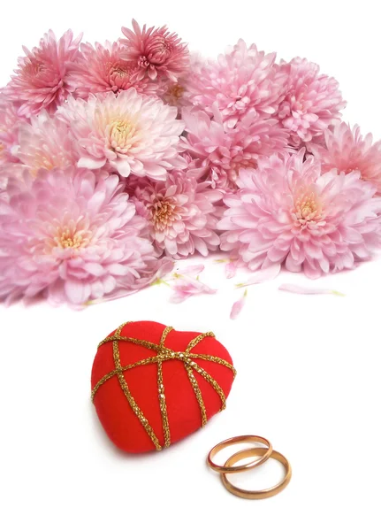 Wedding rings with chrysanthemum — Stock Photo, Image