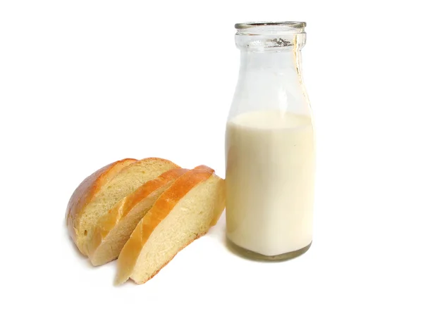 Frasco de leite com pão — Fotografia de Stock
