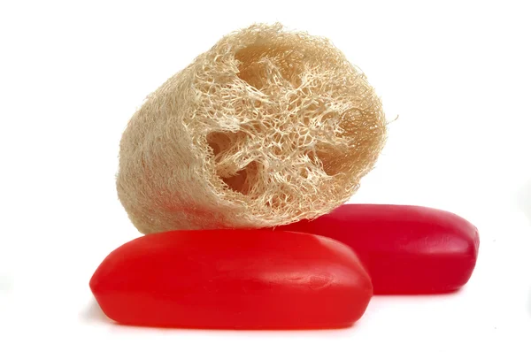 Sabão e esponja de loofah — Fotografia de Stock