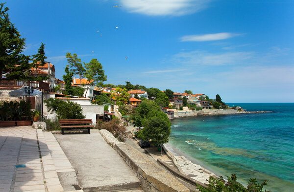 View of city Old Nessebar and sea