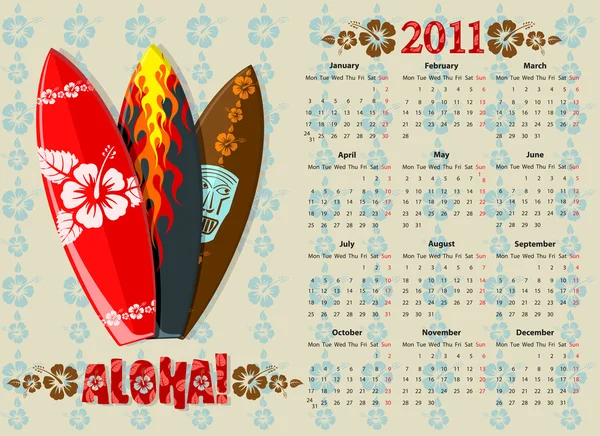 ベクトル アロハ サーフ ボード カレンダー 2011 年 — ストックベクタ