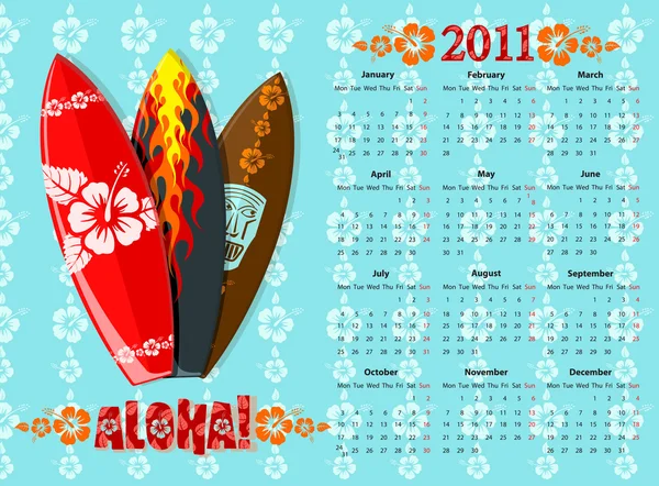 Vector blue Aloha calendar 2011 with surf boards — Stock Vector