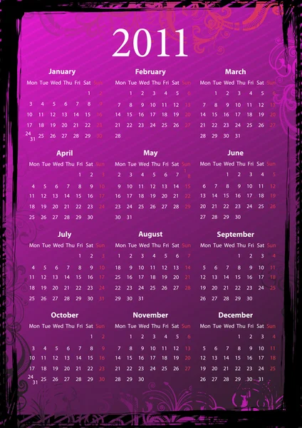 Vektor Europeiska blommig rosa grungy Kalender 2011 — Stock vektor