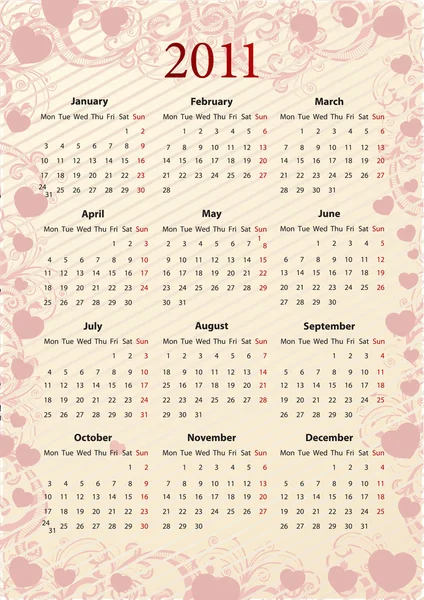 Europeiska vektor rosa kalendern 2011 med hjärtan — Stock vektor