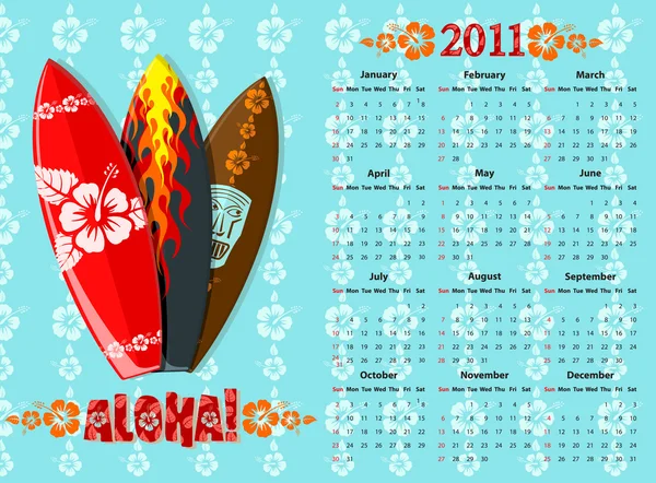 Calendario vettoriale blu Aloha 2011 con tavole da surf — Vettoriale Stock