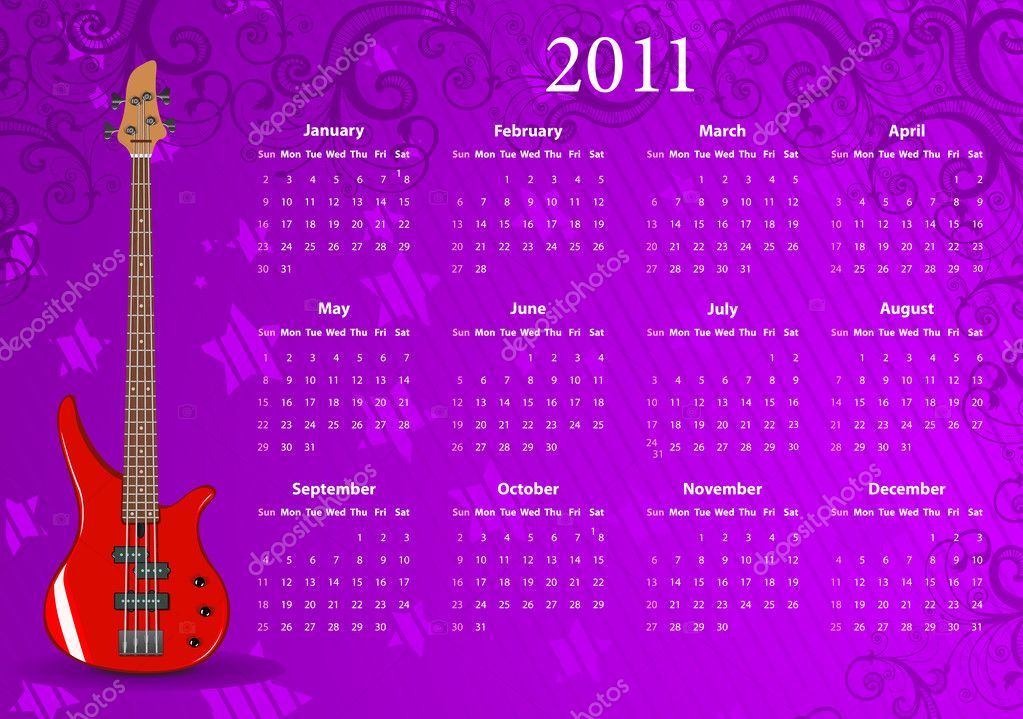 Vector American Calendar 2011 С Бас-Гитарой Векторное Изображение.