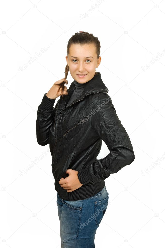 Happy young girl in a black leather jacket — Stock Photo © Observer ...