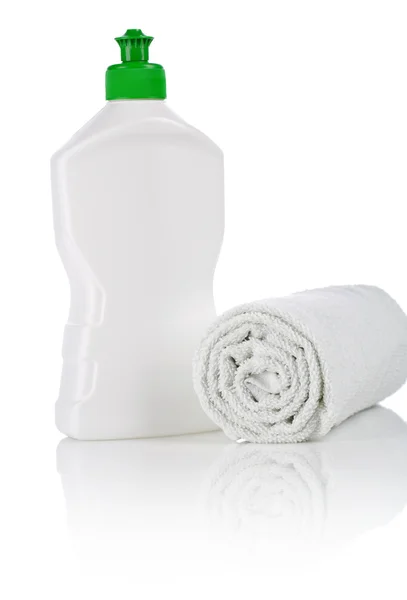 Single kitchen bottle and towel — Stock Photo, Image