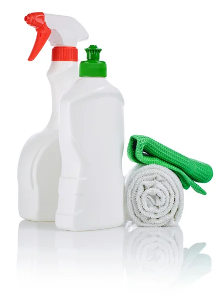 Dois frascos para limpeza e toalha e guardanapo enrolados — Fotografia de Stock