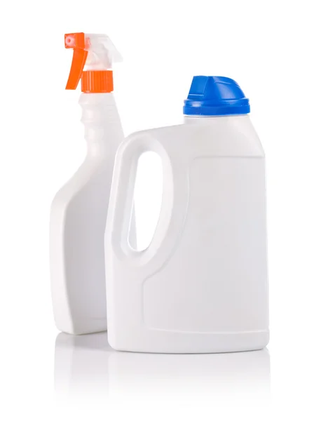 Bílý sprej a láhev pro čištění — Stock fotografie