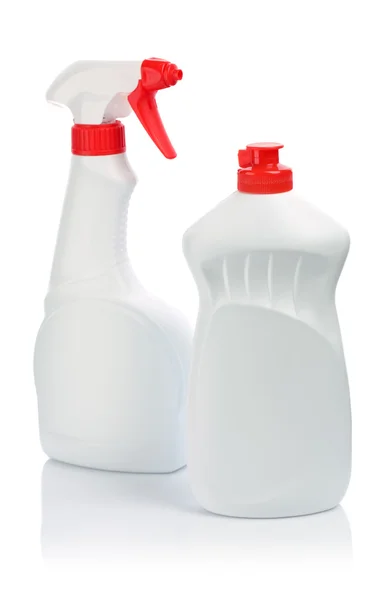 Flaskor för rengöring med rött omslag och handtag — Stockfoto