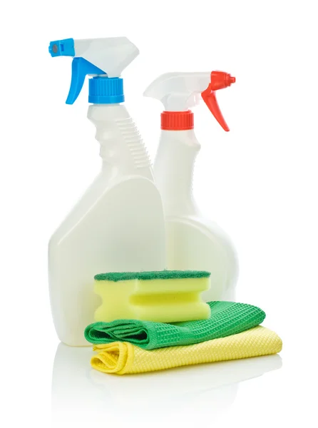 Dos botellas de spray y accesorios para la limpieza —  Fotos de Stock