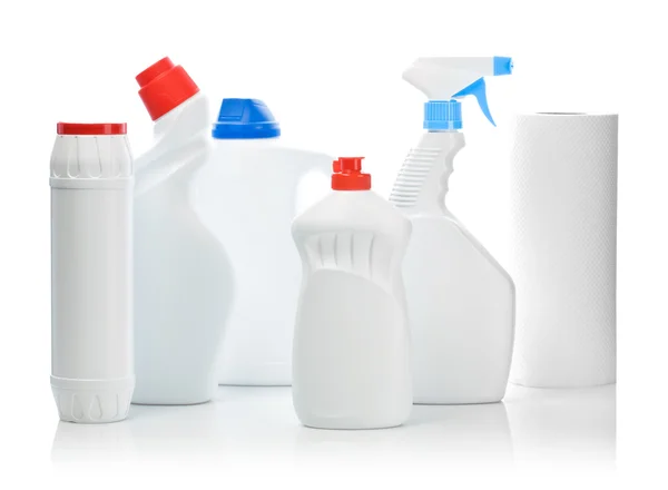 Composition of white bottles for cleaning — Stock Photo, Image