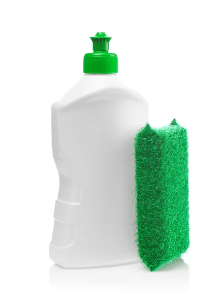 White bottle and kitchen sponge — Stock Photo, Image