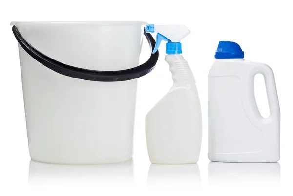 Two white bottle and bucket — Stock Photo, Image