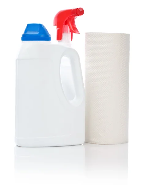 Duża butelka i spray z ręcznikiem — Zdjęcie stockowe