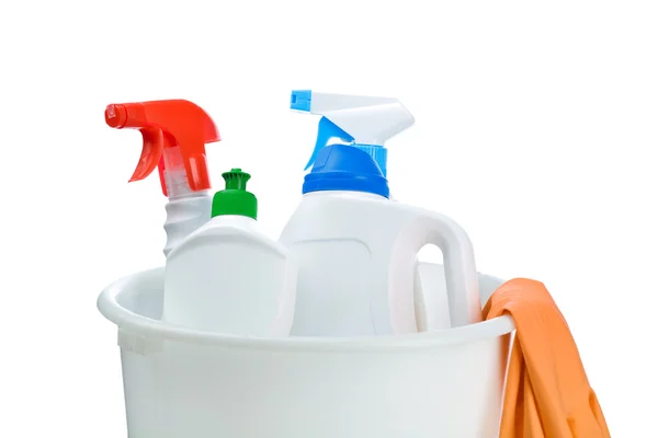 Bottles for cleaning in white plastical bucket — Stock Photo, Image