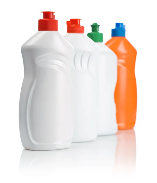 Row of cleaning bottles — Stock Photo, Image