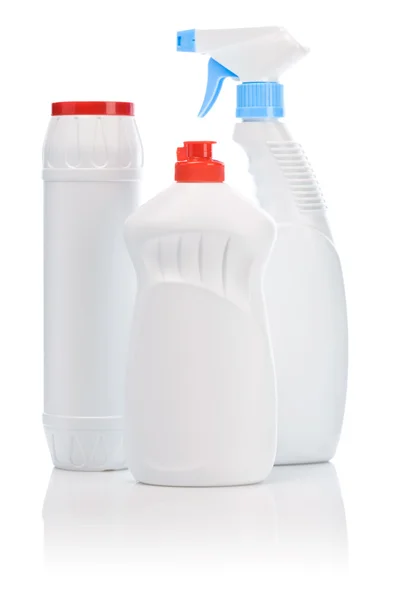Tres botellas whiye para limpiar — Foto de Stock