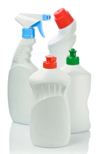 Fyra flaskor för rengöring — Stockfoto