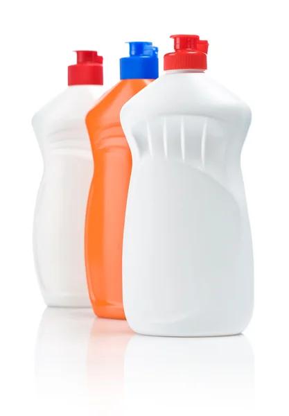 Row of cleaning bottles — Stock Photo, Image