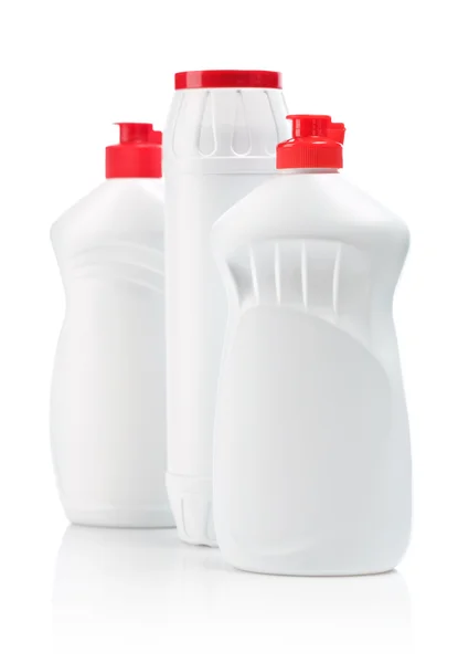 Tre bottiglie bianche per la pulizia — Foto Stock