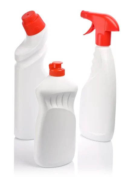 Witte flessen met rode covers — Stockfoto