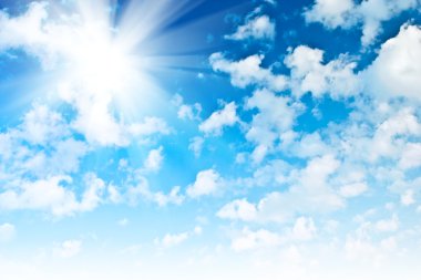 Blue sky with sparce cumulus clouds and sun clipart