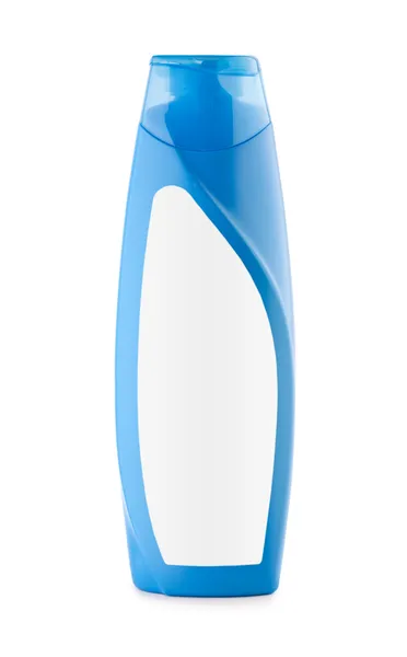 Garrafa azul de shampoo isolado em branco — Fotografia de Stock