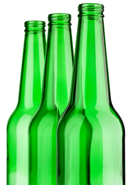 Parte superior de tres botellas verdes aisladas —  Fotos de Stock
