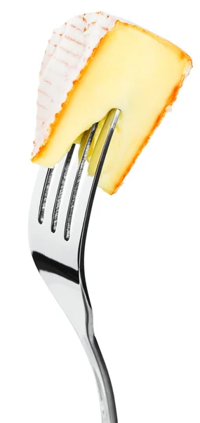 分離されたフォーク上にチーズのセクター — ストック写真