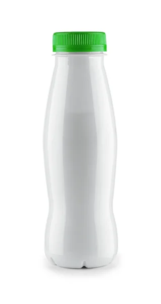 Pojedynczy biały butelka z zieloną pokrywą na białym tle — Zdjęcie stockowe